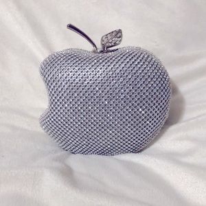 Silver Bitten Apple Crystal Clutch with detachable chain